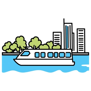 A CityCat ferry, painted in white and blue, is gliding smoothly along the Brisbane River. The ferry features large windows and a sleek design, creating a contrast against the water. In the background, tall city skyscrapers rise prominently, showcasing a mix of glass and concrete structures that reflect the sunlight. The river is calm, with gentle ripples emanating from the ferry's movement. Lush green trees line the riverbanks, adding a touch of nature to the urban landscape.