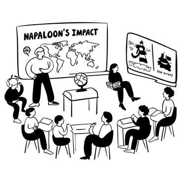 A modern classroom filled with desks and chairs arranged in a semi-circle. A large whiteboard displays the words "Napoleon's Impact" in bold letters. A world map is pinned on the wall, highlighting France and various European countries. A teacher stands at the front, pointing towards the map while holding an open history book. Students, seated at their desks, are taking notes and looking at a projector screen showing an image of Napoleon on horseback. A globe sits on a side table, and educational posters about the Napoleonic Wars are plastered on the walls.