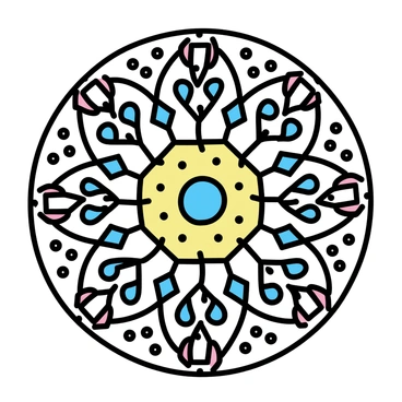 A circular sand mandala, featuring a complex design with multiple geometric patterns. The mandala displays intricate symmetry, with repeating motifs radiating from the center. Each section is filled with vibrant colors, including reds, blues, yellows, and greens, creating a striking visual effect. The fine grains of sand are carefully arranged, showcasing detailed craftsmanship and precision in the design.