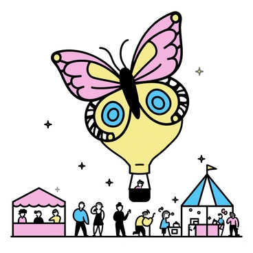 A hot air balloon shaped like a giant butterfly, featuring vibrant multicolored wings with intricate patterns, is floating high above a lively festival. Below, groups of people are enjoying various activities, with some standing near food stalls and others engaging in games. Colorful tents and decorations are set up around the festival area, adding to the festive atmosphere. The sky is clear, providing a perfect backdrop for the butterfly-shaped balloon as it gently drifts above the scene.