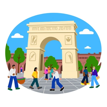 An archway made of stone, intricately adorned with various symbols representing "freedom of the press." The arch has stylized designs of quills, inkpots, and newspapers carved into its surfaces. It stands tall in the center of a bustling city square, surrounded by cobblestone pathways. People of diverse backgrounds walk by, some pausing to admire the arch. Colorful flower beds are planted nearby, and the sky above is a bright blue with a few fluffy white clouds. The sunlight casts soft shadows, adding depth to the scene.