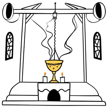 A "golden censer" suspended from a chain, with intricate designs engraved on its surface. It is positioned above a small altar covered with a white cloth. "Fragrant smoke" billows out from the censer, creating a swirling cloud that rises toward the ceiling of the church. In the background, there are wooden beams and stained glass windows casting patterns of light. A few candles flicker on the altar, their flames illuminating the scene.