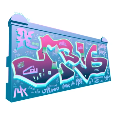 A wall of vibrant street art with metallic spray paint