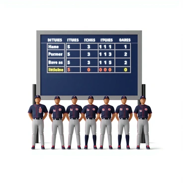 A scoreboard at a baseball field displaying the game details. The scoreboard features columns for innings, with numbers illuminated in bright white, and scores highlighted in bold, contrasting colors. The background of the scoreboard is dark blue, making the information stand out clearly. In front of the scoreboard, several baseball players are lined up, dressed in their team uniforms. They are wearing caps and cleats, with their jerseys displaying team logos and numbers. The players stand in a row, ready for the game to begin, exuding a sense of anticipation and focus.