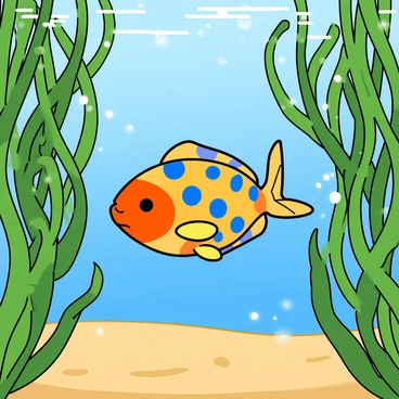 A small, vibrant guppy with a colorful pattern of orange and blue spots is swimming gracefully. It is navigating through a dense underwater forest made up of swaying seaweed, with long green strands reaching upwards. Sunlight filters through the water, creating shimmering patterns on the sandy ocean floor below. The seaweed has various shapes and sizes, with some pieces curving and others standing tall, creating a rich habitat for the guppy. Small bubbles occasionally rise to the surface, adding to the lively underwater scene.