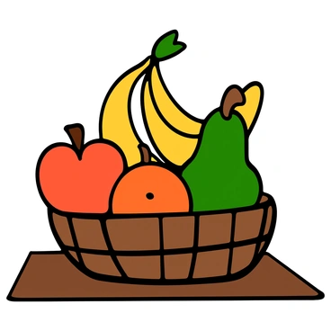 A wicker basket filled with a variety of colorful fruits, including apples, bananas, oranges, and pears, each fruit featuring a distinct, exaggerated butt shape. The basket is placed on a wooden table, with the sunlight casting soft shadows. The fruits are vibrant in color, showcasing shades of red, yellow, orange, and green, and their unique shapes add a playful touch to the overall composition.