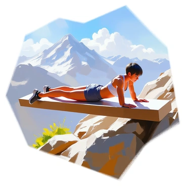 A person with a toned physique performing dips on a sturdy wooden beam, elevated high in a mountainous landscape. The individual has short dark hair and is wearing a fitted athletic tank top and shorts. Below, a steep drop reveals rocky terrain and patches of green foliage. In the distance, majestic snow-capped peaks rise against a clear blue sky, and a few fluffy white clouds drift lazily by. The sunlight casts sharp shadows, highlighting the person's focused expression as they engage in their workout.