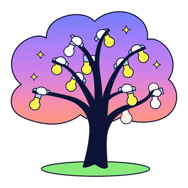 A tree with a sturdy trunk and branches extending outward. The branches are adorned with lightbulbs that serve as leaves, each glowing softly in various shades of yellow and white. The background features a twilight sky, transitioning from deep purple to soft orange. The ground beneath the tree is a gentle green grass, and a few small sparkling stars begin to appear in the evening sky.