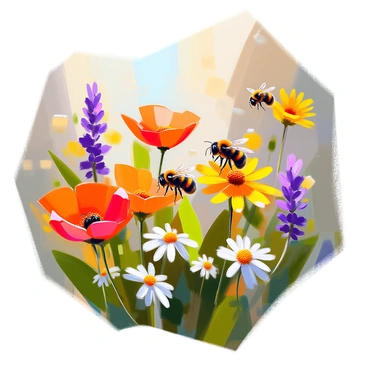 A scenic view featuring several bumble bees buzzing among a diverse garden ecosystem. The garden is filled with an array of blooming flowers in various colors, including vibrant red poppies, bright yellow daisies, and purple lavender. Lush green leaves surround the flowers, creating a rich backdrop. The bumble bees, with their distinctive fuzzy bodies and black and yellow stripes, are actively collecting pollen. Sunlight filters through the leaves, illuminating the scene and highlighting the lively activity.