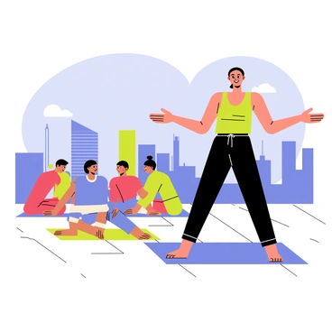 A yoga instructor demonstrating "flutter kicks" on a rooftop with a clear blue sky overhead. The instructor is wearing a green tank top and black leggings. In the background, a vibrant cityscape with tall buildings and a few scattered clouds is visible. A group of diverse individuals participating in the yoga class is positioned on yoga mats in various poses, creating a sense of community. The instructor has an encouraging expression, guiding the class with outstretched arms.