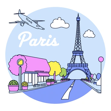 A vintage travel poster that features "Paris" prominently in an elegant font. In the background, the "Eiffel Tower" stands tall, surrounded by fluffy clouds. The foreground showcases a scenic view of a charming Parisian street lined with small cafes and blooming flower pots. A retro-styled airplane flies above, emphasizing the travel theme. The color palette consists of soft pastels, creating an inviting atmosphere.