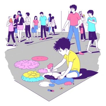 A young child is sitting on a gray sidewalk, concentrating deeply as they draw with large, vibrant chalk pieces. The sidewalk is covered in an array of colorful drawings, including flowers, suns, and whimsical creatures. The child is wearing a bright yellow t-shirt and blue shorts, their hair tousled and slightly messy. In the background, various adults are walking by, engaged in conversation and completely unaware of the child's artistic activity. Some of the adults are holding bags, while others are looking at their phones, adding to the busy scene.
