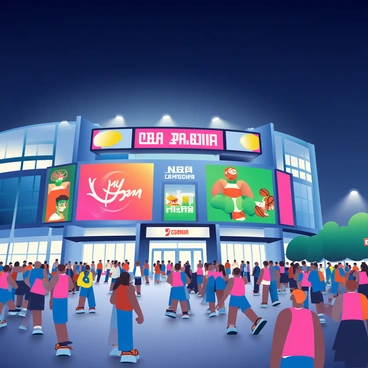 The exterior of a famous NBA arena is illuminated at night. The arena's facade features large glass panels reflecting the surrounding city lights. A prominent entrance is adorned with bright LED screens displaying colorful graphics related to basketball. Surrounding the arena, a bustling plaza is filled with fans wearing team jerseys, some taking pictures. The sky above is dark, highlighting the vibrant lights of the arena, creating a lively atmosphere in the vicinity.