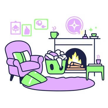 A laundry basket is positioned next to a crackling fireplace. The basket is overflowing with warm, neatly folded blankets. The fireplace has logs burning brightly, casting a warm glow throughout the scene. There is a plush rug on the floor in front of the fire, and a small side table nearby holds a steaming cup of tea. A comfortable armchair is situated beside the basket, inviting relaxation. The walls are adorned with framed photographs, adding to the homey atmosphere.