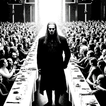 A large hall filled with people celebrating a traditional feast, with a witcher as the guest of honor