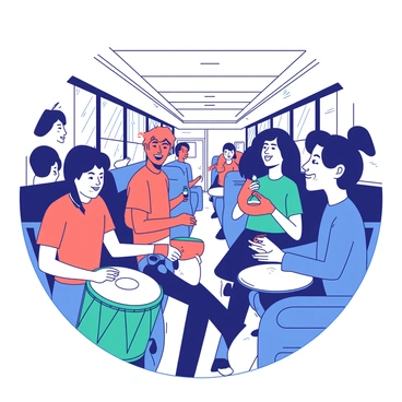 A group of students is gathered in the aisle of a bus, engaged in an impromptu music session. There are four students, each holding different percussion instruments. One student is playing a teal djembe, while another is tapping rhythmically on an orange tambourine. A third student has a pair of maracas, shaking them enthusiastically, and the fourth student is beating on a small white practice pad. The bus is filled with bright overhead lights, and the students are smiling and laughing as they create their music together. The bus seats are occupied by other students who are watching and enjoying the performance.
