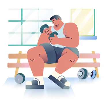 A muscular bodybuilder with a strong physique is performing concentration curls with old-school weights. He has short black hair and is wearing a sleeveless, light blue tank top and dark shorts. His right arm is flexed, lifting a heavy, rusty dumbbell towards his shoulder, while his left elbow rests on his knee for support. In the background, there are wooden gym benches and a few more vintage weights scattered around. Bright sunlight streams through a window, casting soft shadows on the gym floor.