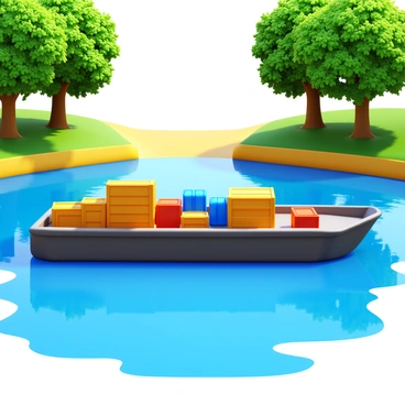 A river barge floating on calm waters. The barge is loaded with various cargo, including crates and barrels. Alongside the barge, a leafy riverbank is visible with lush greenery and tall trees providing shade. The sunlight filters through the leaves, creating dappled patterns on the ground. The surface of the river reflects the colors of the environment, adding to the tranquil scene.