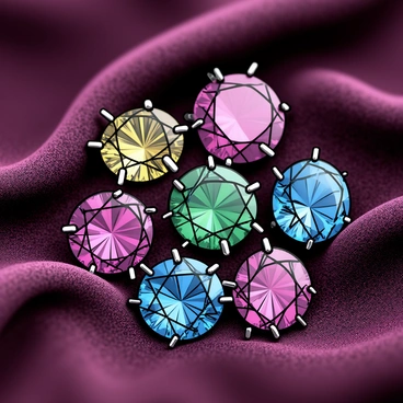 A collection of sparkling jewels, including rubies, emeralds, and sapphires, resting on a rich, deep burgundy velvet cloth. Each jewel displays intricate cuts and facets, reflecting light in vibrant colors. The jewels emit an inner glow, enhancing their brilliance against the soft texture of the cloth. The arrangement showcases a variety of shapes, such as round, oval, and emerald cuts, creating an eye-catching display of luxury and elegance.