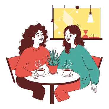 Two friends are sitting at a small round table in a cozy café. The table is adorned with two steaming cups of coffee, each set on a white saucer. The friends are engaged in a heartfelt conversation, leaning slightly towards each other with smiles on their faces. One friend has curly hair and is wearing a red sweater, while the other has straight hair and is dressed in a teal jacket. The café is warmly lit, with soft yellow light emanating from hanging pendant lamps above them, creating an inviting atmosphere. A small potted plant sits in the center of the table, adding a touch of greenery to the scene.