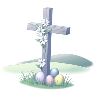 A simple wooden cross stands upright in a lush green landscape. The cross is adorned with a variety of flowers, their petals delicately placed around the intersections of the wood. Colorful Easter eggs are nestled among the flowers, adding a festive touch to the scene. The background features rolling hills and a clear sky, enhancing the peaceful atmosphere of the setting.