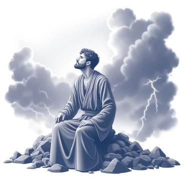 A man dressed in tattered robes sits on a large pile of ashes. His expression is resolute, and he gazes upward with a look of unwavering faith. Around him, dark, swirling storm clouds gather, with winds visibly whipping through the scene. The atmosphere is tumultuous, with lightning striking in the distance. His hands rest on his knees, and a sense of calm determination radiates from him despite the chaos surrounding him.