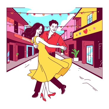 A couple is energetically performing a salsa dance on a vibrant street. The man is wearing a bright red shirt, and the woman is dressed in a flowing yellow dress that twirls as she moves. Around them, colorful buildings line the street, adorned with festive banners and decorations. The woman's hair flows freely as they dance, with smiles on their faces showcasing their joy. The pavement reflects the colors of the buildings, adding to the lively atmosphere of the scene.