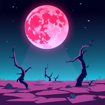 A large blood-red moon with a textured surface hangs ominously in the night sky. It emits an eerie glow that illuminates a desolate landscape below. The ground is cracked and dry, with uneven patches of barren earth scattered throughout. Sparse, twisted trees rise from the ground, their gnarled branches reaching out like skeletal fingers. Shadows stretch across the terrain, enhancing the dramatic effect of the moonlight. A few scattered rocks and patches of dead grass punctuate the stark scenery, creating a sense of isolation and stillness.