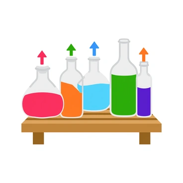 Various clear glass bottles of different shapes and sizes are standing upright on a wooden table. Each bottle is filled with colorful liquids, creating a vibrant display of reds, blues, and greens. Above each bottle, there are bold, upward-pointing arrows in bright colors, indicating the direction of the normal force acting on them. The table has a textured surface that enhances the visual contrast with the bottles. The lighting creates soft reflections on the bottles, emphasizing their shapes and contents.