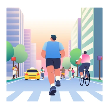 A man with dark hair is running through a bustling city street during early morning. He is wearing a bright blue athletic shirt and black shorts. The street is lined with tall buildings reflecting the soft warm light of the rising sun. People are walking along the sidewalks, some holding coffee cups or reading newspapers. A yellow taxi is passing in front of him, and a cyclist is riding in the bike lane to his right. The sky above is a gradient of soft orange and pink hues, signaling the start of a new day.