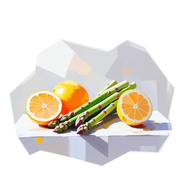 A minimalist still life arrangement featuring several green asparagus stalks placed alongside bright yellow lemon slices. The asparagus is arranged in a natural, slightly scattered formation, while the lemon slices are cut in half, showcasing their juicy interior. The background is a smooth white surface that enhances the vibrant colors of the vegetables and fruit, emphasizing their fresh and clean appearance.