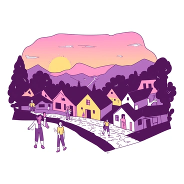 A peaceful village with quaint, colorful houses sits nestled in a valley. The sky above is a gradient of orange and pink as the sun begins to set. In the foreground, villagers are seen looking surprised and worried as the ground shakes beneath them. Some are standing on the cobblestone streets while others are peeking out from their homes. Trees sway, and a few small items have fallen from porches. In the background, a subtle outline of a nearby mountain range indicates the source of the earthquake, with a visible crack along a reverse fault line. The atmosphere captures the tension of the moment against the backdrop of the village's normalcy.