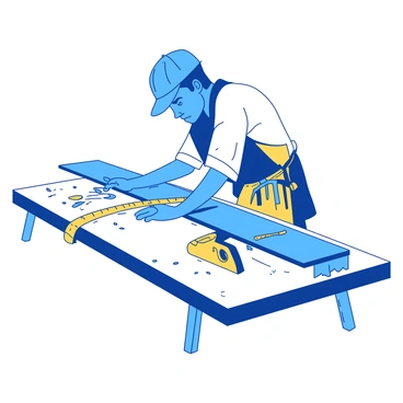 A blue carpenter is intently measuring a long piece of wood on a white workbench. The carpenter is wearing a yellow apron with various tools hanging from it. In one hand, he holds a measuring tape, while the other hand is positioned on the wood, ensuring it is steady. Nearby, there is a yellow saw resting on the workbench, and shavings of wood are scattered around the area. The carpenter's expression shows concentration and dedication to his task.
