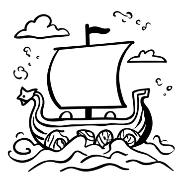 A Viking ship with a dragon-shaped prow gliding through turbulent seas, with large waves crashing against its sides. The sails are billowing, adorned with intricate patterns, and the hull is decorated with shields. In the background, a stormy sky is visible, with swirling clouds and visible wind lines. The ocean is depicted with dynamic curves and splashes, emphasizing the ship's movement.