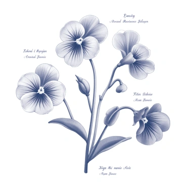 A vintage botanical print featuring several varieties of pansies. The composition includes multiple pansy flowers with detailed depictions, showcasing their unique shapes and petal patterns. Each flower is accompanied by a label beneath it, identifying the specific variety. The arrangement is organized with a focus on the flowers' intricate details, including the textures of the petals and their distinct markings. The background is a soft, neutral tone that complements the botanical illustrations.