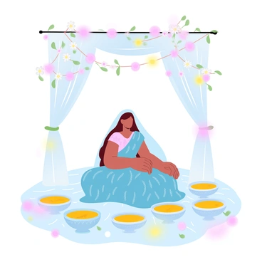 A bride in a vibrant, ornate wedding outfit is sitting gracefully under a delicately draped canopy filled with colorful flowers. The canopy is adorned with strings of blossoms in various shades of pink, yellow, and white. Surrounding the bride are several traditional haldi bowls filled with bright yellow turmeric paste, each bowl decorated with intricate patterns. Soft natural light filters through the flowers, creating a warm and inviting atmosphere. The ground is covered with a decorative cloth that complements the colors of the flowers and haldi bowls.