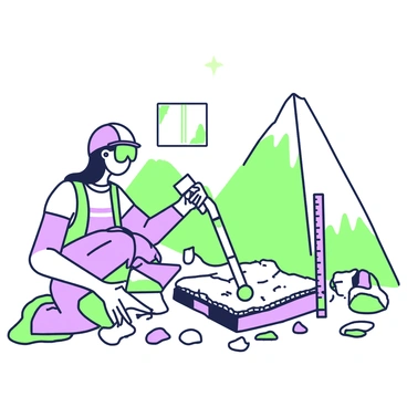 A geologist is examining rock formations along a strike-slip fault. She is wearing a hard hat and safety goggles for protection. In her hands, she holds a rock hammer and a geological map, focusing intently on the exposed rock layers in front of her. The ground is strewn with various rock samples, some broken and others intact, showcasing different textures and colors. Nearby, there are marked measuring tools placed on the ground, indicating important reference points for her study. In the background, the fault line is visible, with the earth having shifted in a linear manner, creating visible features along the landscape.