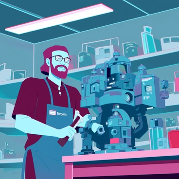 A short, stocky man with a bushy beard and glasses is focused on a mechanical turret in a cluttered workshop. The workshop is filled with various tools, gadgets, and parts scattered across workbenches and shelves. Bright overhead lights illuminate the space, highlighting the intricate details of the turret, which is partially disassembled. Wires and components are strewn around him, indicating an ongoing project. The man is wearing a worn apron over his clothes, and his hands are stained with grease as he tightens screws on the turret with a wrench. "Torbjorn" is printed on a name tag attached to his apron.