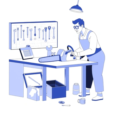 A mechanic is focused on repairing a chainsaw on a workbench in a workshop. The mechanic is wearing a work apron and goggles while holding a screwdriver, examining the chainsaw closely. Surrounding the mechanic are various tools, such as wrenches, pliers, and hammers, neatly organized on a pegboard in the background. There's a toolbox on the floor, partially open, revealing more tools inside. The workbench is cluttered with small parts and oil cans, indicating ongoing maintenance. A bright overhead light illuminates the entire scene, highlighting the details of the mechanic's work.