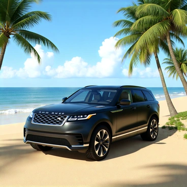 A sleek black Range Rover parked on a sandy beach, facing the ocean. The vehicle is adorned with shiny chrome accents, reflecting the sunlight. In the background, tall palm trees with green fronds sway gently in the breeze, casting shadows on the warm sand. The sky is clear blue with a few fluffy white clouds, creating a bright, inviting atmosphere. The ocean waves gently lap at the shore, enhancing the tranquil beach setting.