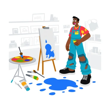 An artist staring in disbelief at a big spill of paint on their canvas.