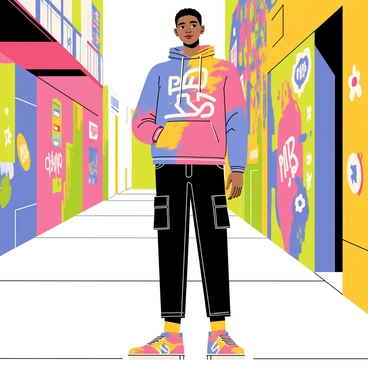 A person wearing a colorful urban-inspired outfit stands confidently on a city sidewalk. The outfit features a bright oversized hoodie with various shades of blue and pink, adorned with "graffiti"-style designs and patterns. The person wears black cargo pants with multiple pockets and stylish sneakers with splashes of color resembling street art. Surrounding them, vibrant murals and graffiti-covered walls create a lively urban backdrop, enhancing the overall street style aesthetic. The scene captures the essence of urban culture and artistic expression.