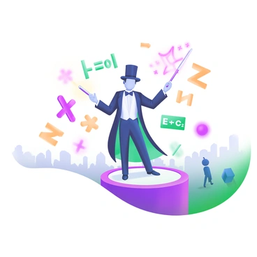 A modern pastel illustration depicting a magician standing on a stage. The magician is wearing a classic black tuxedo and a top hat, with a wand in one hand. Surrounding the magician are various mathematical symbols, including plus signs, minus signs, multiplication signs, and division signs, floating in the air. Formulas such as E=mc² and π are artistically integrated into the scene. Colorful sparks are emanating from the wand, creating an enchanting atmosphere. The audience can be faintly seen in the background, captivated by the performance.