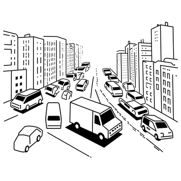 A mail truck is positioned in the center of a busy city street, its headlights on and engine idling. The truck has a distinct shape with a rectangular body and a sliding door on the side. Surrounding the truck, there is a multitude of cars and buses, all at a standstill in the dense traffic. Tall skyscrapers rise on either side, their glass windows reflecting the sunlight. The buildings have various architectural designs, with some featuring sharp corners and others with rounded edges. A few pedestrians are visible on the sidewalks, waiting to cross the street.