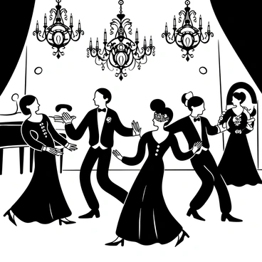 A group of elegantly dressed vampires is dancing at a grand masquerade ball. They wear ornate, flowing gowns and tailored suits, adorned with intricate details. Each vampire has a unique masquerade mask, featuring elaborate designs. The ballroom is filled with richly decorated chandeliers hanging from the ceiling. Shadows cast by the candlelight create a dramatic atmosphere. There are vintage-style decorations, including velvet curtains and lavish floral arrangements on the tables. In the background, a large grand piano sits, with a pair of musicians playing softly.