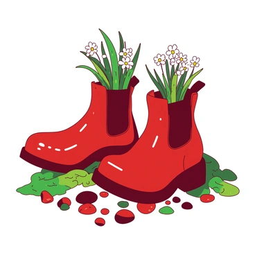 A pair of red Dr. Martens boots is positioned in the center of a garden setting. Small green plants and delicate flowers are growing out of the boots, with their vibrant leaves and petals contrasting against the glossy surface of the boots. Surrounding the boots, there is a scattered arrangement of colorful pebbles and soft green moss, adding texture to the garden scene. The boots are slightly tilted, giving a dynamic appearance as if they are part of an ongoing transformation into a unique floral display.