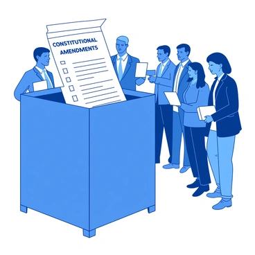 A blue voting booth stands in a public space, with its curtain slightly open. Inside the booth, a white ballot paper is clearly visible, featuring several lines for voters to mark their choices regarding "constitutional amendments." In the background, a diverse group of citizens, including men and women of various ages, can be seen waiting in line, each holding identification cards. The atmosphere conveys a sense of civic engagement and participation in democracy.