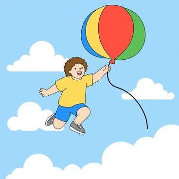 A joyful child with light skin and curly hair, wearing a bright yellow t-shirt and blue shorts, is floating in the sky on a large round balloon that is a mix of red, blue, green, and yellow colors. The balloon is held tightly in the child's hand, and its strings trail down gently. Surrounding the child are fluffy white clouds, billowing softly against a blue sky. The child's expression is one of wonder and delight, as they gaze at the clouds drifting by. The scene conveys a sense of lightness and playful adventure in the open sky.