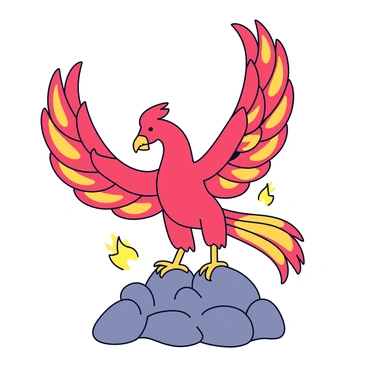A phoenix with bright red and orange feathers is rising from a pile of gray ash. The wings of the phoenix are spread wide, showcasing intricate patterns in the feathers. Flames are subtly surrounding the bird, adding a glowing effect to its form. The background features a smooth gradient from dark to light, emphasizing the rise of the phoenix.