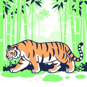 A tiger with orange and black stripes is prowling through a dense bamboo forest. The bamboo stalks are tall and green, creating a thick canopy overhead. Soft morning light filters through the leaves, casting gentle shadows on the forest floor. The tiger's powerful body is low to the ground, and its gaze is focused ahead. Patches of moss cover the ground, and small ferns are scattered among the bamboo, adding to the lushness of the scene. In the background, the silhouettes of more bamboo can be seen, enhancing the depth of the forest.